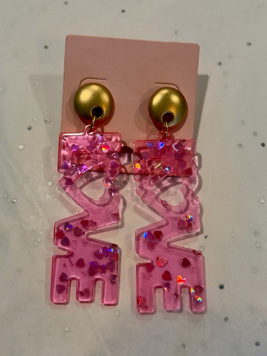 Jewelry - NWT Pink 'LOVE' Resin Drop Earrings with Gold Studs -